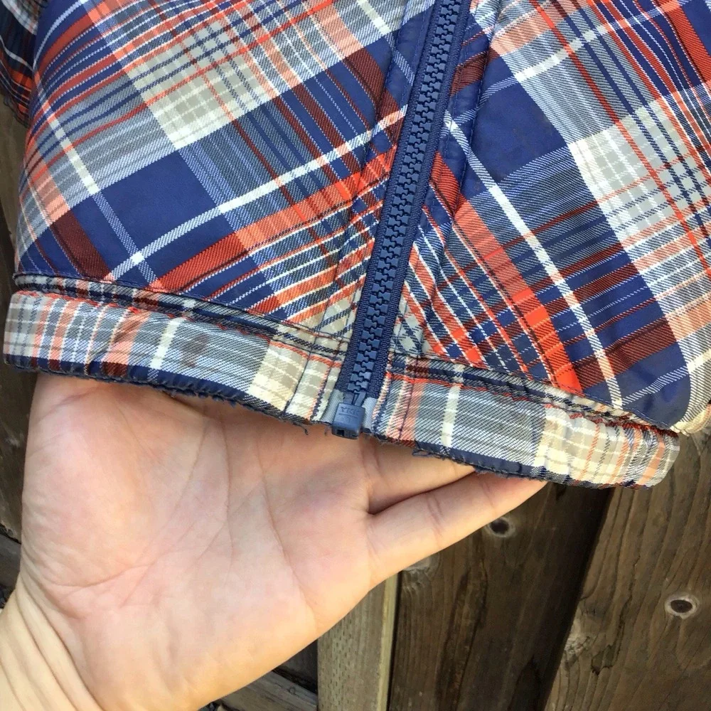 Patagonia Reversible Fleece Hooded Jacket Kids Plaid Blue Youth Toddler